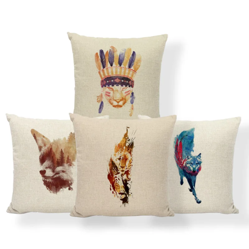 

Lion Leopard Bear Cushion Covers Forest Crest Wolf Panda Pillow Case Abstract Meditation Decorator Throw Pillows 45X45Cm Linen