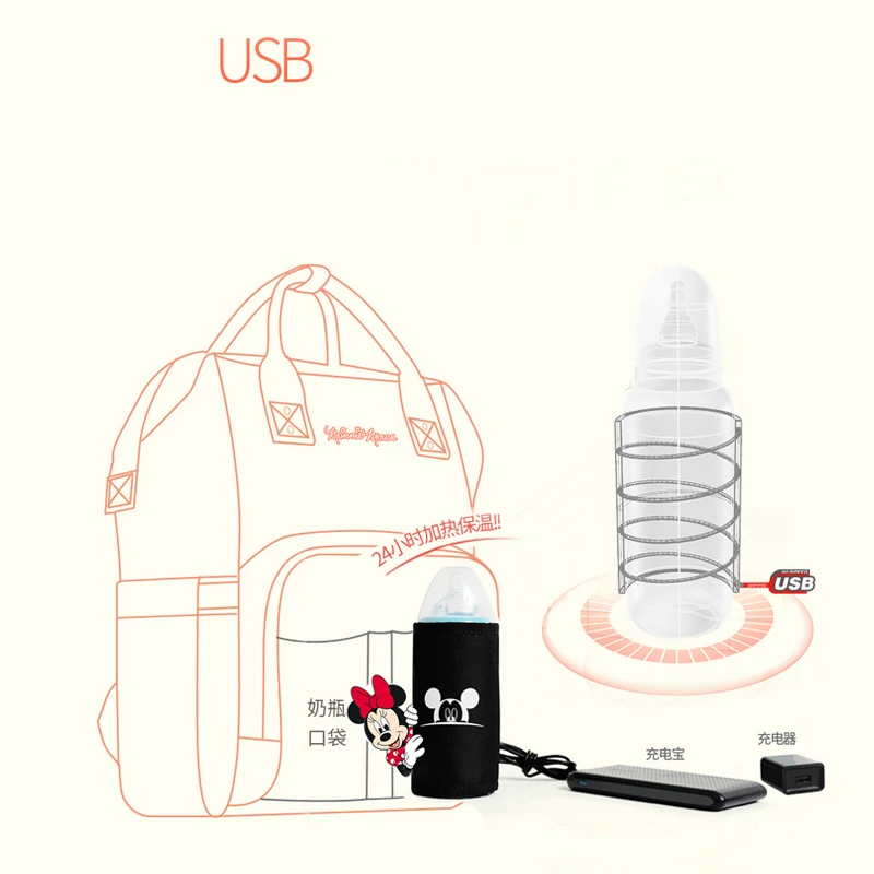 Сумка для подгузников disney, сумка для беременных, водонепроницаемая сумка для коляски, USB сумка, Подогреватель детских бутылочек, Микки, Минни, дорожный рюкзак для мамы
