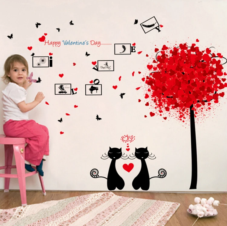 Us 6 59 Cute Couple Cats Red Tree Large Wall Stickers Home Decor Living Room Bedroom Art Decals Wallpaper Removable In Wall Stickers From Home