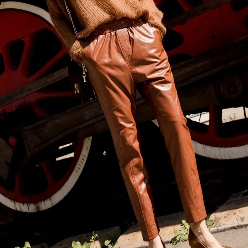 Large Size Sheepskin Women Genuine Leather Pants New Ankle-Length Pencil Pants Elastic Waist Luxury Real Leather Trousers Lady