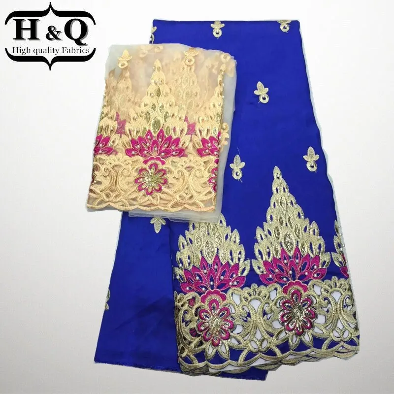 

Blue color 5yards African George Fabric+2yards French Net Lace Sets High Quality George With Blouse For Nigerian Wedding LY-5