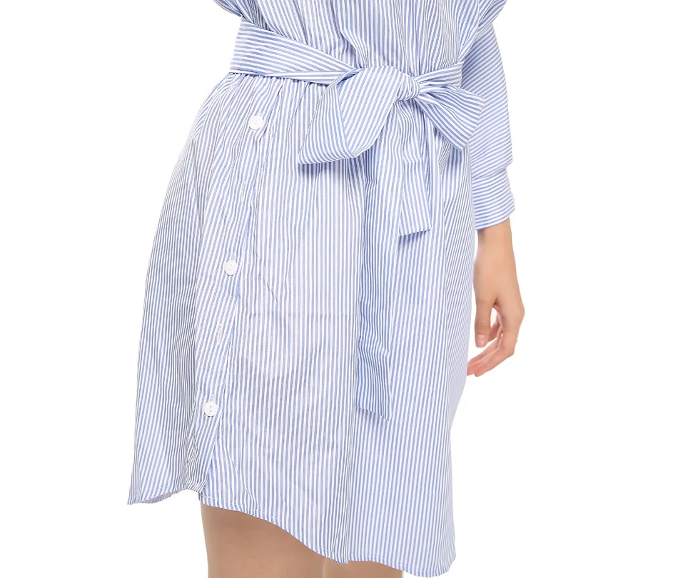 Plus Size Women's Blue Striped Shirt Short Dress - Sexy Side Split Half Sleeve Beach Dresses - Mini Sundress (3XL) image 3