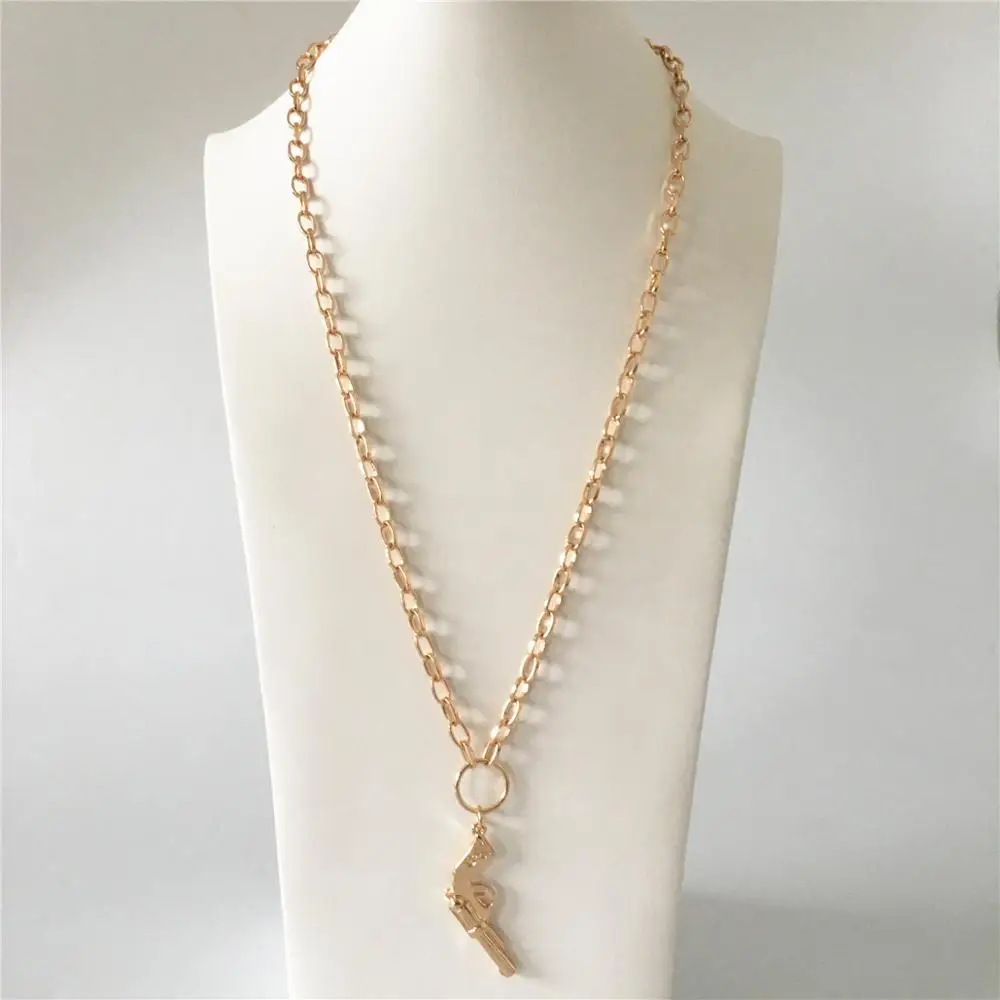 

UNIQUE GOLD COLOR PLATING GUN PENDANT ENGRAVED LONG NECKLACE FOR WOMEN