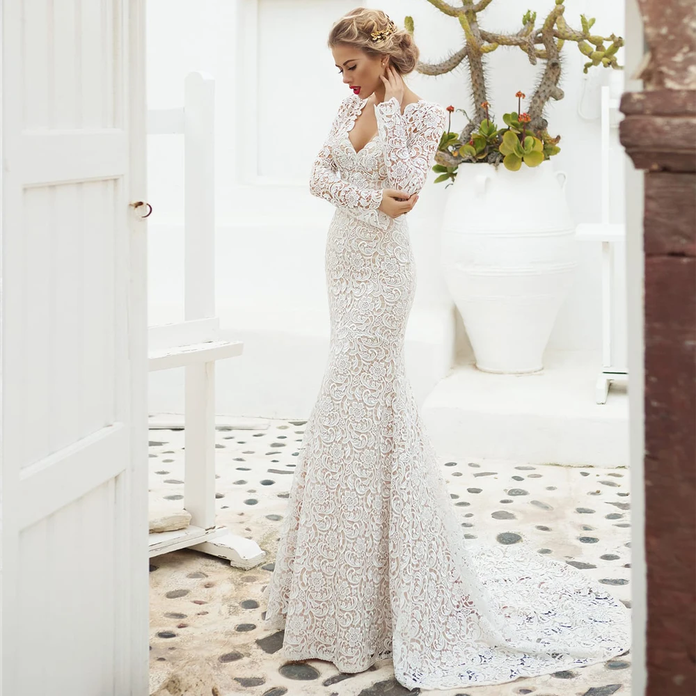 Descuento Caliente Precioso Vestido De Novia De Sirena Con Encaje Y Escote En V Pronunciado Vestido De Novia Hecho A Medida Vestido De Novia De Cola Larga Sin Espalda De Mariee May