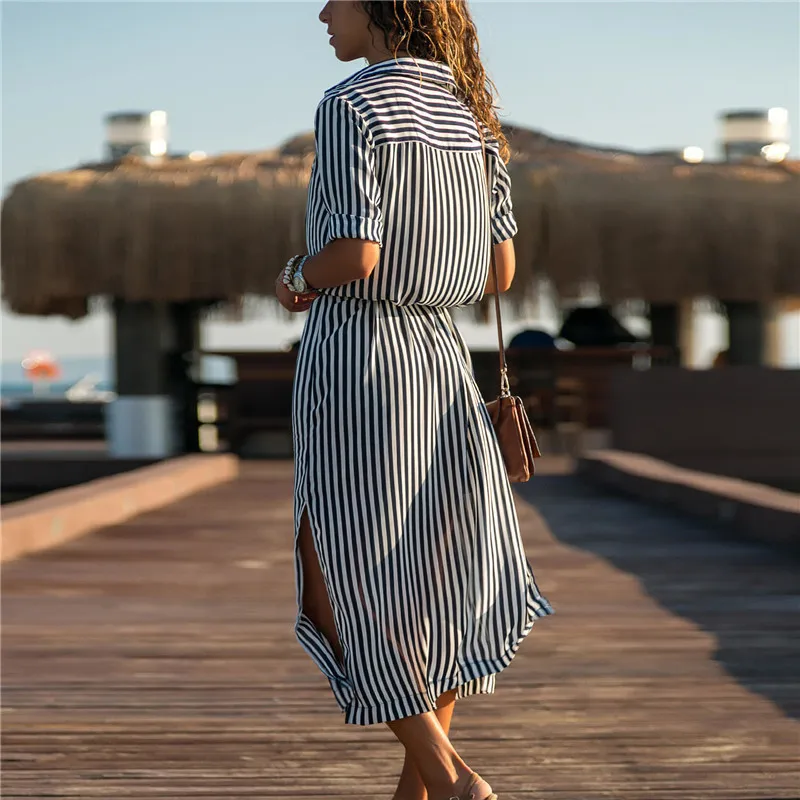 High Women Dress Striped Waist Strappy Front Buckle Maxi Casual for Summer DSM | Женская одежда
