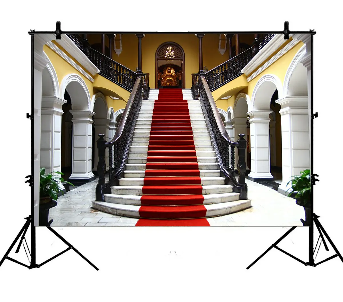 5x7ft Luxury Palace Elegant Stair Red Carpet European Building Polyester Photo Background Portrait Backdrop