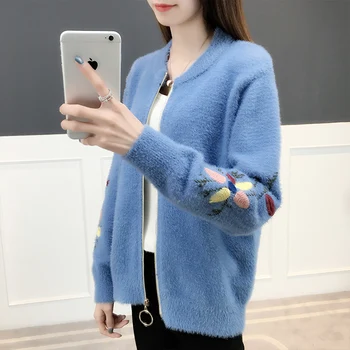 

New Mink Suede Embroidery Outside Knitted Sweater, South Korean Edition Short Loose Sweater Overcoat