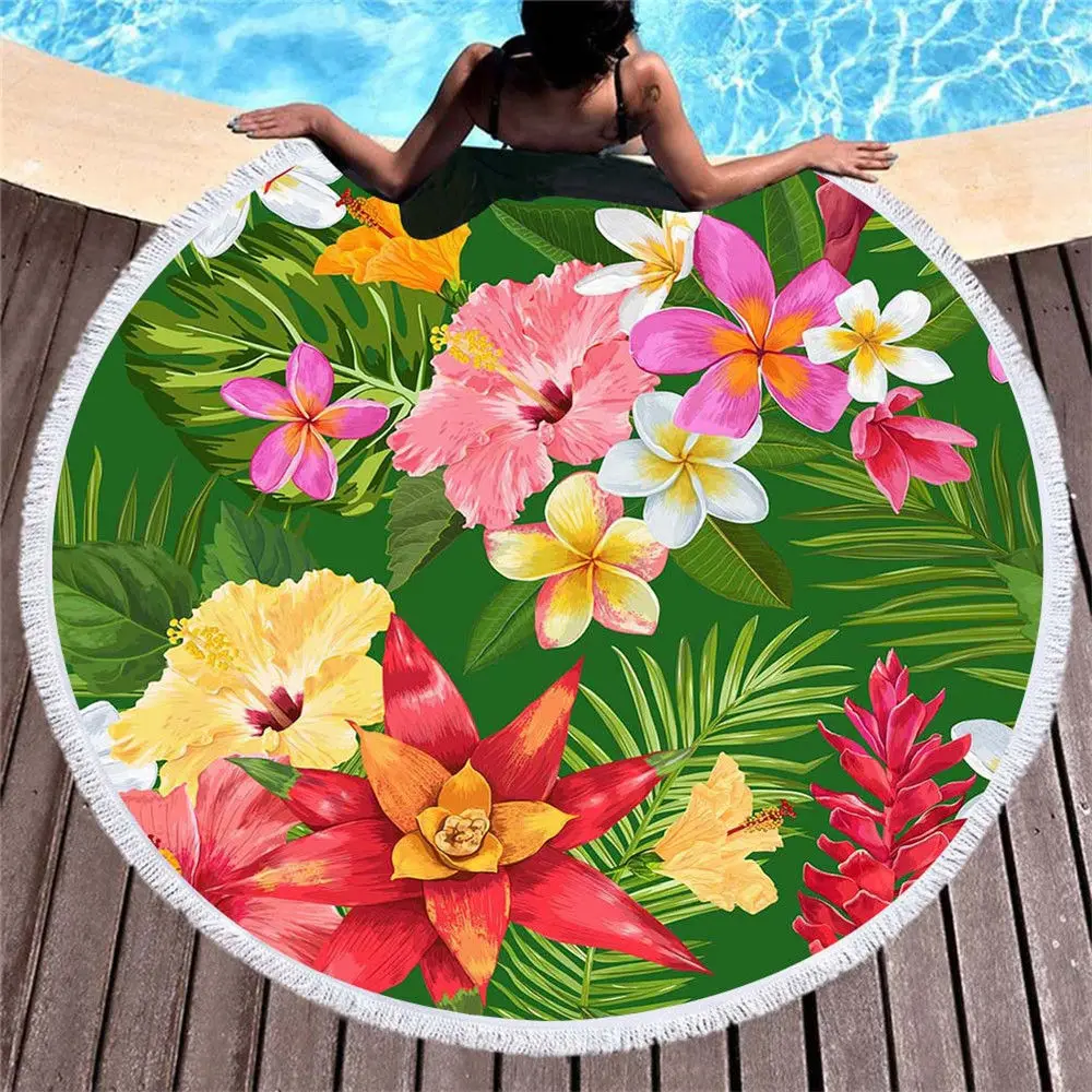 Billige Bunte Blume Runde Strand Handtuch Flamingo Druck Sommer Schwimmen Mikrofaser Strand Handtuch Erwachsene Kinder Picknick Decke