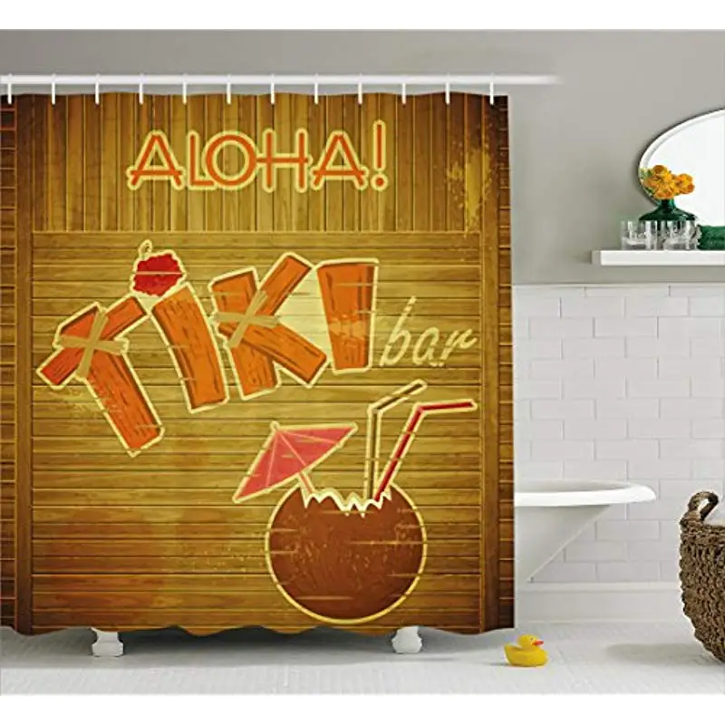 

Vixm Tiki Bar Decor Shower Curtain Wooden Planks Wall with Styled Tiki Bar Text Cocktail Hibiscus Aloha Fabric Bath Curtains