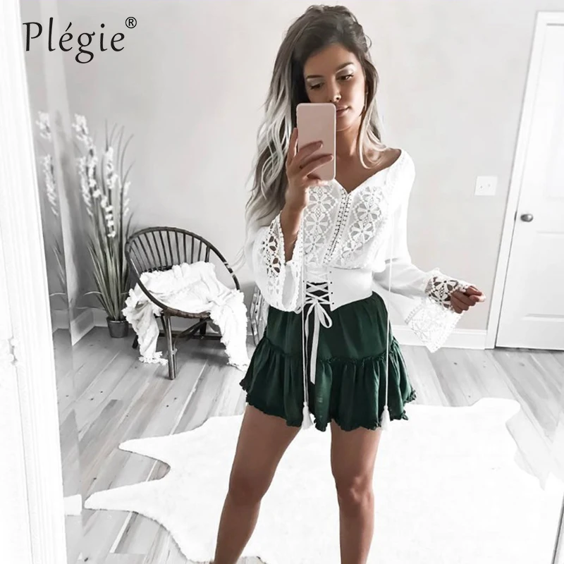 

Plegie Sexy White Lace Flower Crop Top Blouse Shirt Hollow Out Mesh Transparent Blouse Blusas Women Long Sleeve Blouse Tops