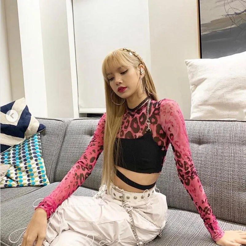 Harajuku BLACKPINK Lisa уличная розовая леопардовая Футболка женская сетчатый топ Vogue с длинными рукавами сексуальная Прозрачная Футболка Femme