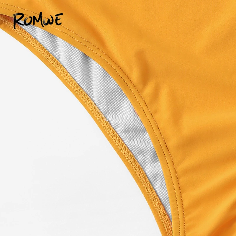 Romwe, спортивный желтый однотонный монокини с рюшами, открытая спина, цельный костюм для женщин, летний, без косточек, на бретельках, простой, сексуальный купальник