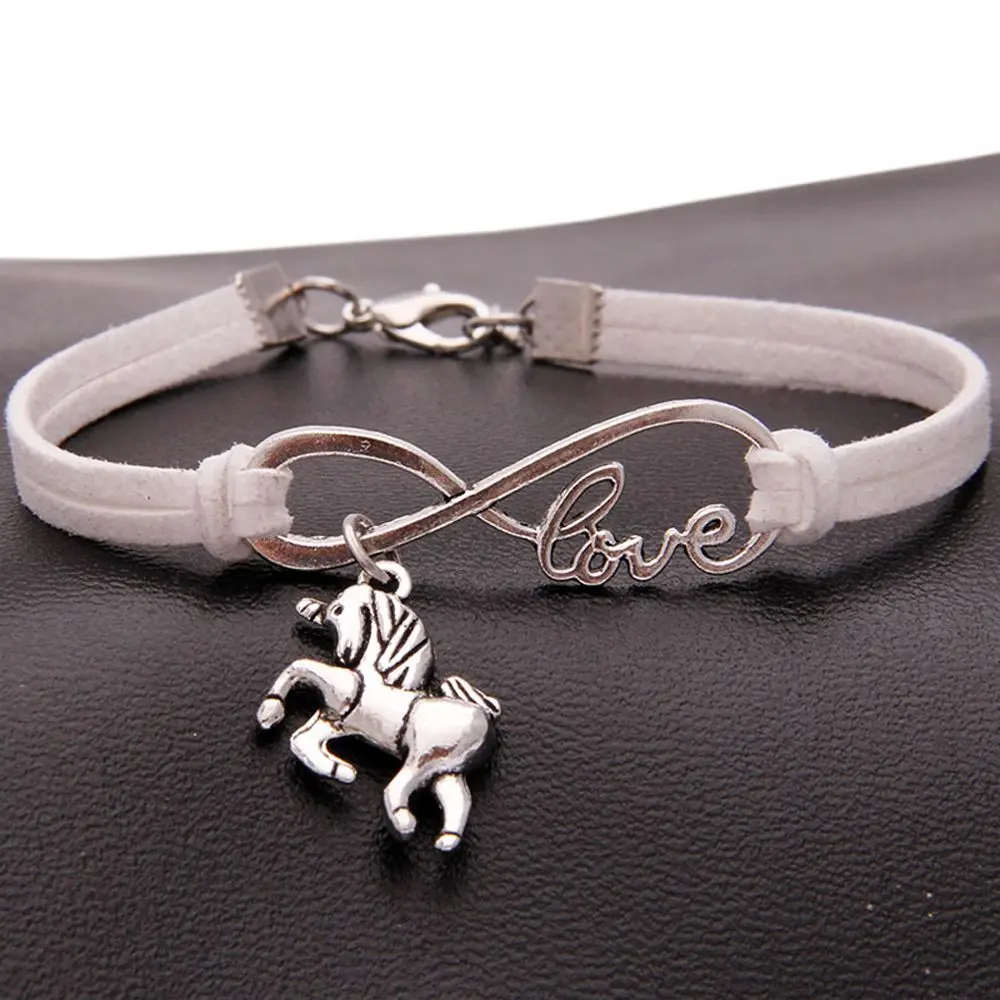 

New Vintage Cute Animals Antique Silver Lucky Horse Unicorn Charms Infinity Love Leather Bracelet for Women Gifts Accessories