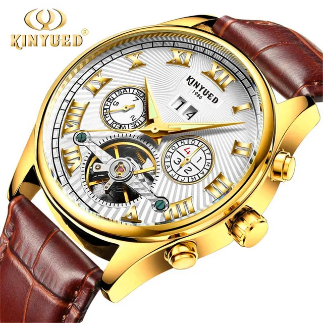 KINYUED Automatic Mechanical Watches Men Top Brand Luxury Tourbillon Stainless Steel Waterproof Man Watch Reloj Hombre - Цвет: Gold White Leather