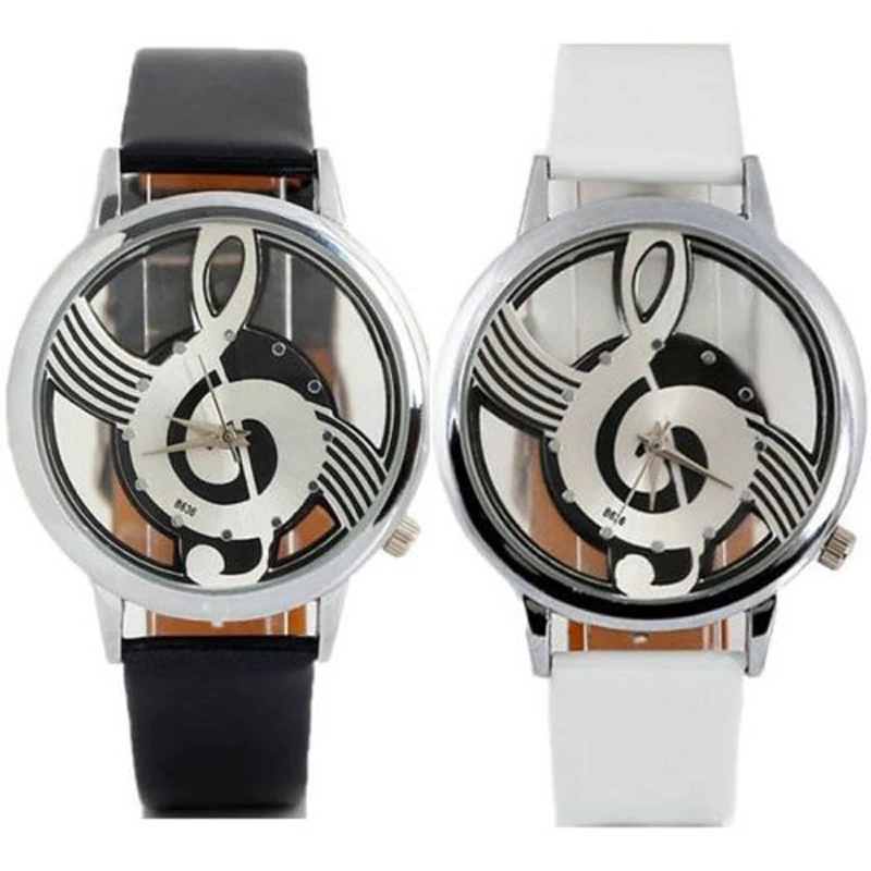 Shellhard Fashion PU Band Stainless Steel Analog Quartz Casual Watch Notation Hollow Music Men Women Wrist Watch Montre Femme