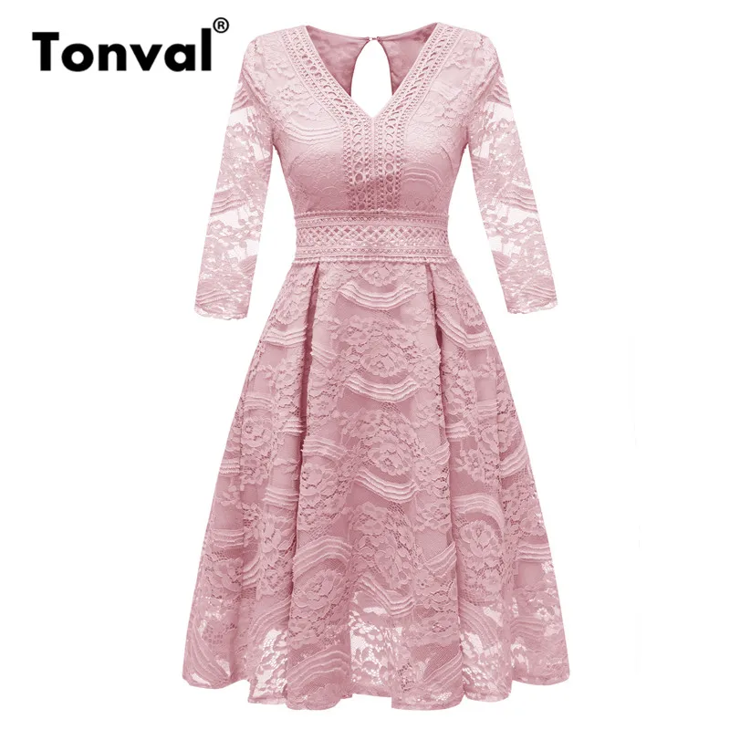 Tonval винтажное синее кружевное платье с высокой талией и цветочным рисунком, v-образный вырез, открытая талия, 3/4 рукав, женское роскошное платье, Элегантные Осенние платья - Цвет: Розовый