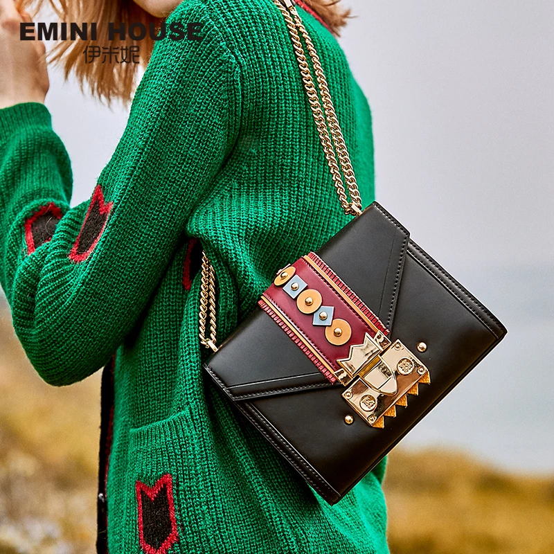 

EMINI HOUSE Indian Series Padlock Chain Bag Original Design Crossbody Bags For Women Messenger Bags Split Leather Shoulder Bag
