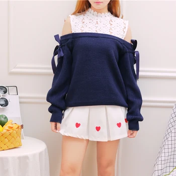 

Navy blue Off shoulder Dobby Lace Knitted Wear Girl Tops Lace up Soft sister Mori girl Sweet Cute Autumn Women Sweater