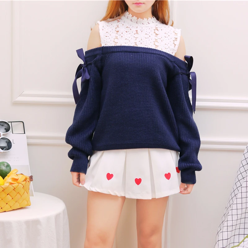 Pink, Navy blue Striped Off shoulder Dobby Lace Knitted Tops Lace up Soft sister Mori girl Sweet Cute 2017 Autumn Women Sweater