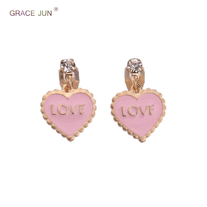 

Korea Style Black and Red Color Rhinestone Enamel Heart Shape Clip on Earrings No Pierced for Party Wedding Small Love Earrings