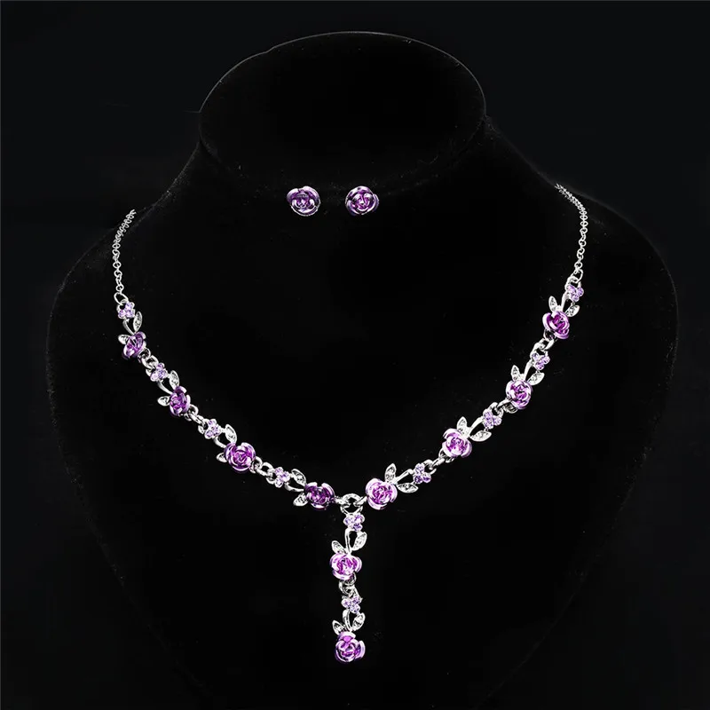 Vintage Turkish Jewelry Sets Enamel Flower Pendant Colar Princess Hooks Long Pendientes Silver Plate Necklace Earrings Set