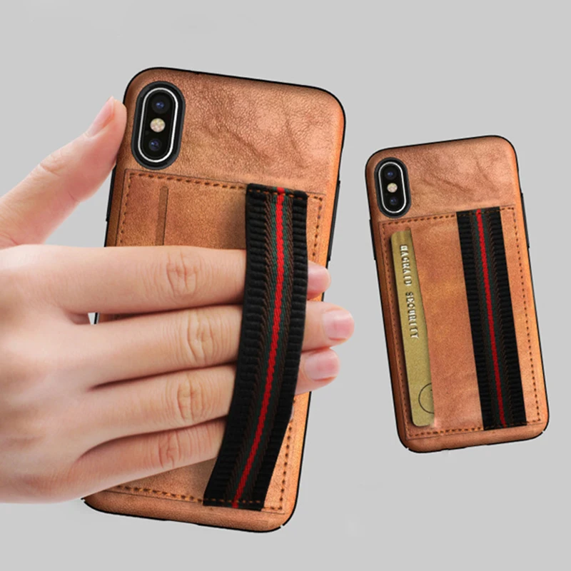 

Vintage Leather Back Case for iPhone X Wristband Ultra Thin Card Slot Case for iPhone 6 7 8 Plus for Samsung Galaxy S9 S9 Plus
