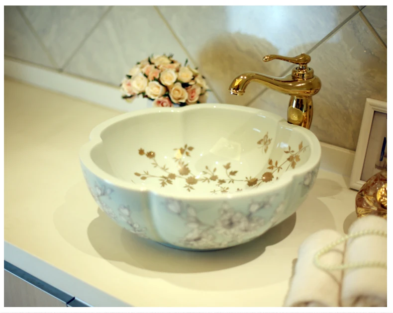 Por Hand Painted Sink Bowls Artistic Painting Flowers Porcelain Art Countertop Washnasin Ceramic Bathroom Vessel Sinks Vanities Hand Painted Sink Bowl