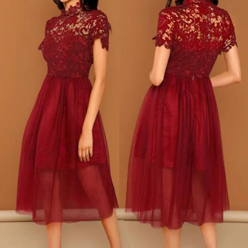 Модное сексуальное кружевное платье с принтом, короткие рукава, кружевные вечерние платья, короткое платье, черные, красные летние платья# YL10