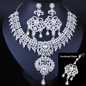 

FARLENA Wedding Jewelry 3PCS Full Crystal Rhinestone Necklace Earrings and Forehead chain For Bride Jewelry sets