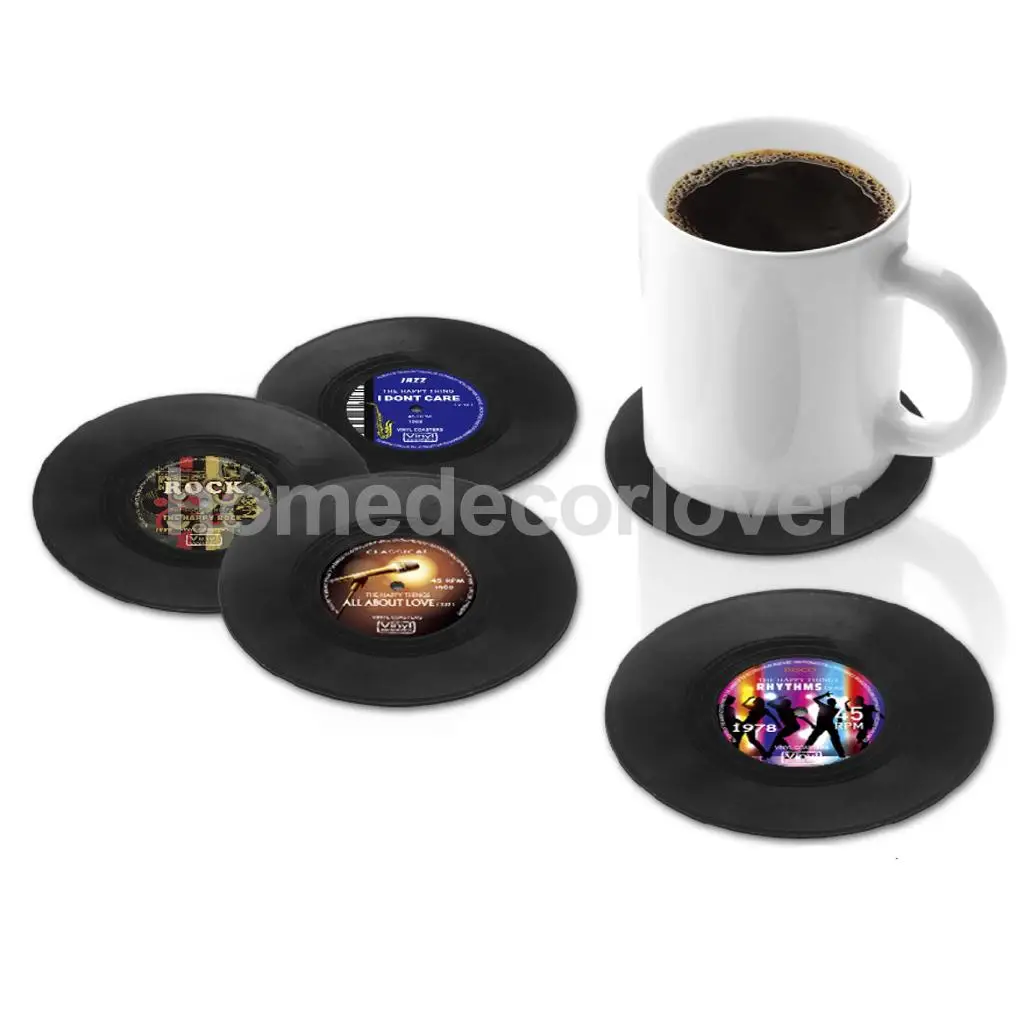 MagiDeal 4pcs Silicone Vintage CD Coasters Record Cup Mat Drink Holder Table Placemat Donut Valentine's Day Gifts Nice Valentine
