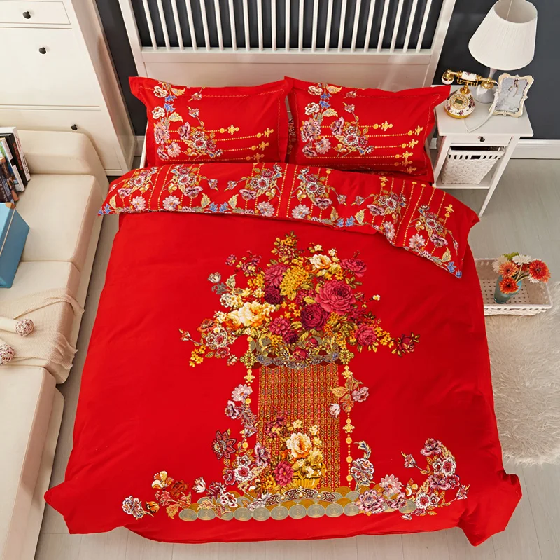 

100% Cotton Soft Bedding Set red rose wedding printing Duvet Cover Set King Queen Size with Bed Sheet Pillowcase