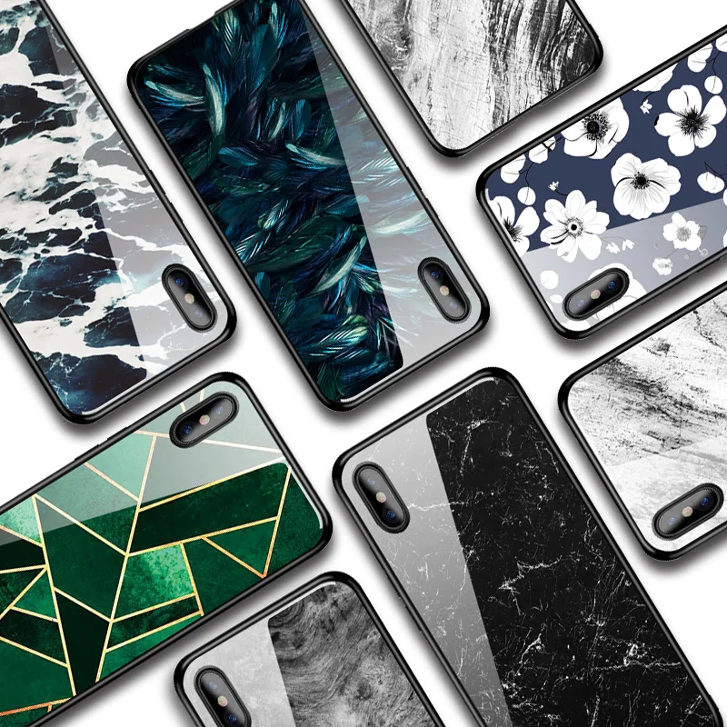 cheap IIOZO Glass Case For iPhone X XS MAX XR 6 6S 7 8 Plus Phone Cases Tempered Glass Marble Flower Pattern Cover For iPhone XS Max