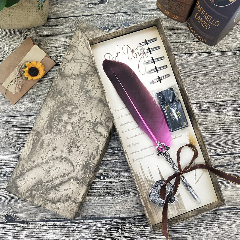 

1Set Turkey Feather Dip Calligraphy with 5 Nib Gift Quill Pen Writing Ink Set Gift Box Wedding Fountain Pen Decoration New
