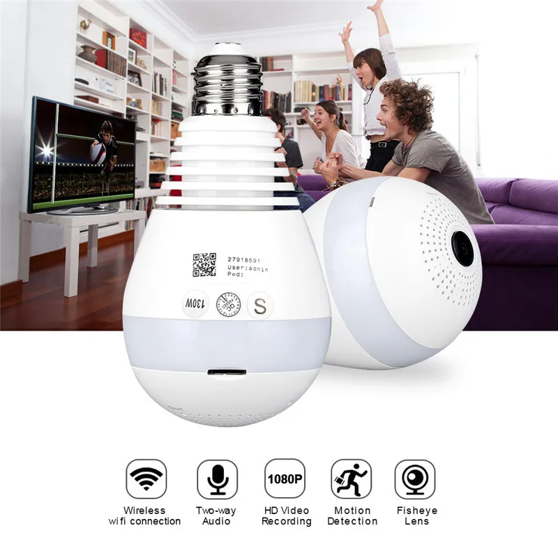 AGM Светодиодная лампа WiFi камера Fisheye 960P Беспроводная панорамная домашняя