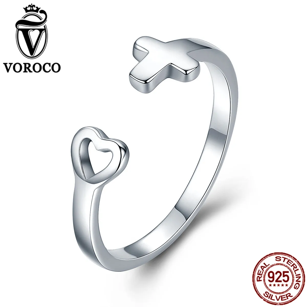 

VOROCO Pure 100% 925 Sterling Silver Cross Heart Open Rings For Women Female Engagement Wedding Ring Silver Jewelry Gift VSR090