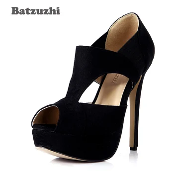 

Batzuzhi Zapato Mujer Fashion Shoes Women Open Toe Black Suede Leather Pumps Women Sexy 14cm Thin Heels Party Dress Shoes, 43