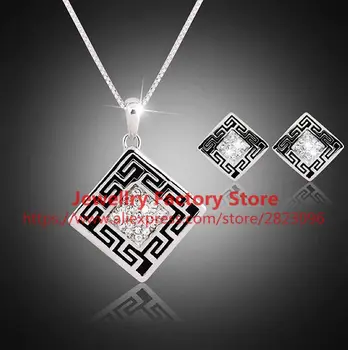 

200sets/lot square pendant retro necklace wedding necklace earrings set silver color jewelry wholesale necklace earrings set
