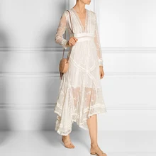 2017 new spring palace deep V collar lace embroidery irregular long sleeved fairy dress dress
