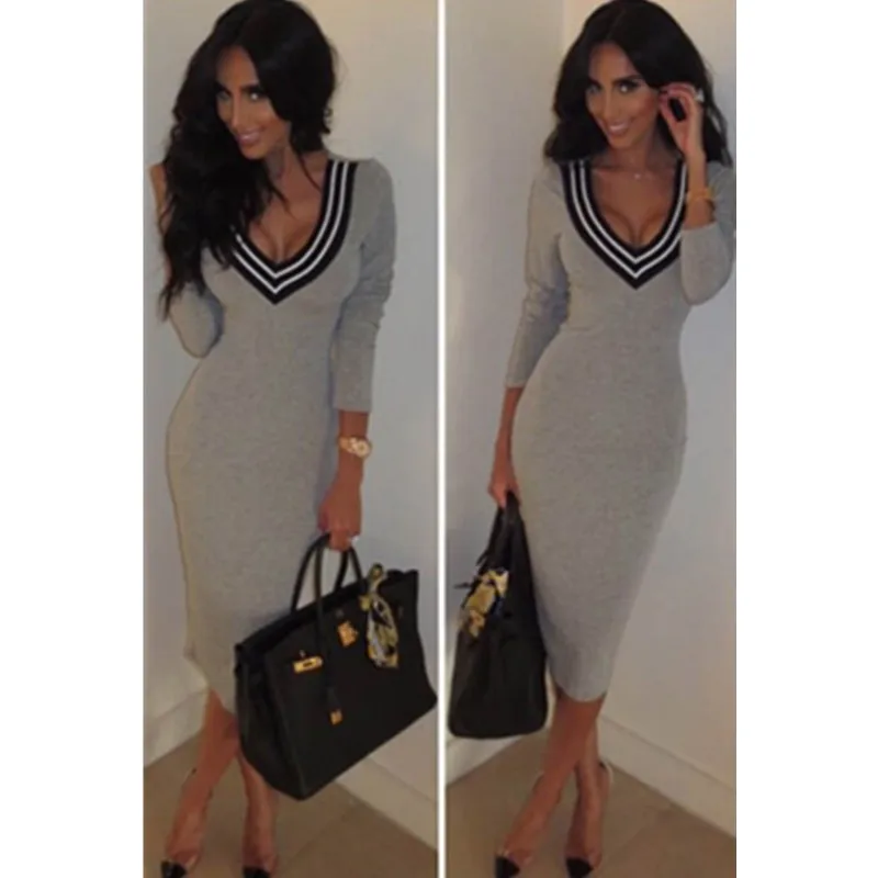 Sexy V Neck Knitted Long Sleeve Bodycon Dress Club Fashion Dress 2015 Lady Casual Dress Woman Clothes S M L Size Available Stock