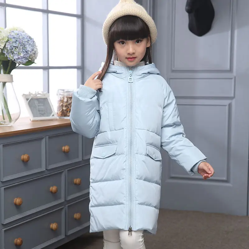 Зимняя куртка для маленьких девочек года новые куртки для маленьких младенцев пуховые куртки с капюшоном для девочек плотные и теплые цельные детские куртки для 5-11 лет - Цвет: Небесно-голубой