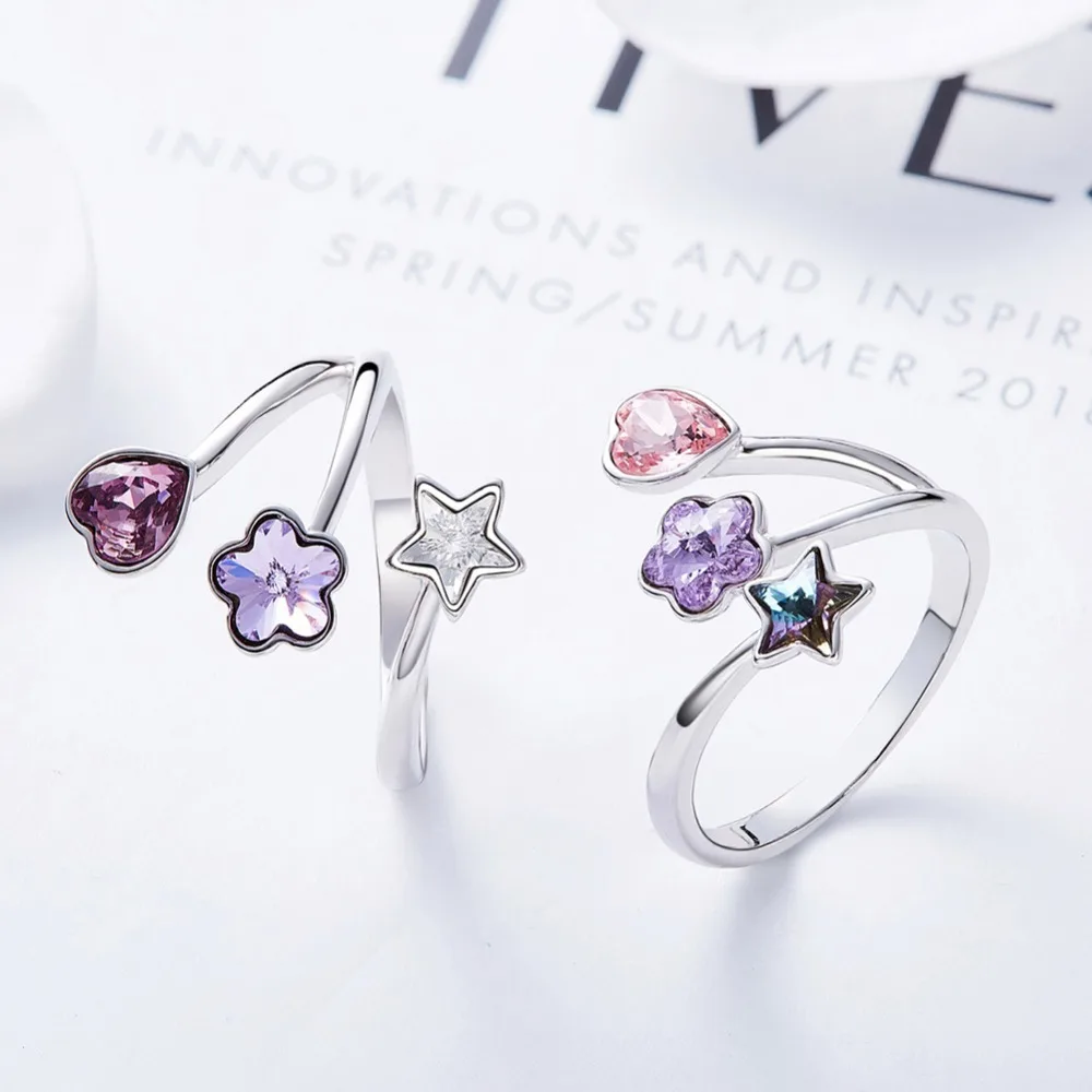 CDE женские кольца украшенные кристаллами Swarovski сердце цветок звезды Регулируемые