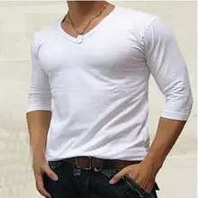 Мужская Тонкая футболка с v-образным вырезом и средним рукавом, футболка с рукавом «семь точек», рубашка из чистого хлопка, футболка с рукавом «семь точек»