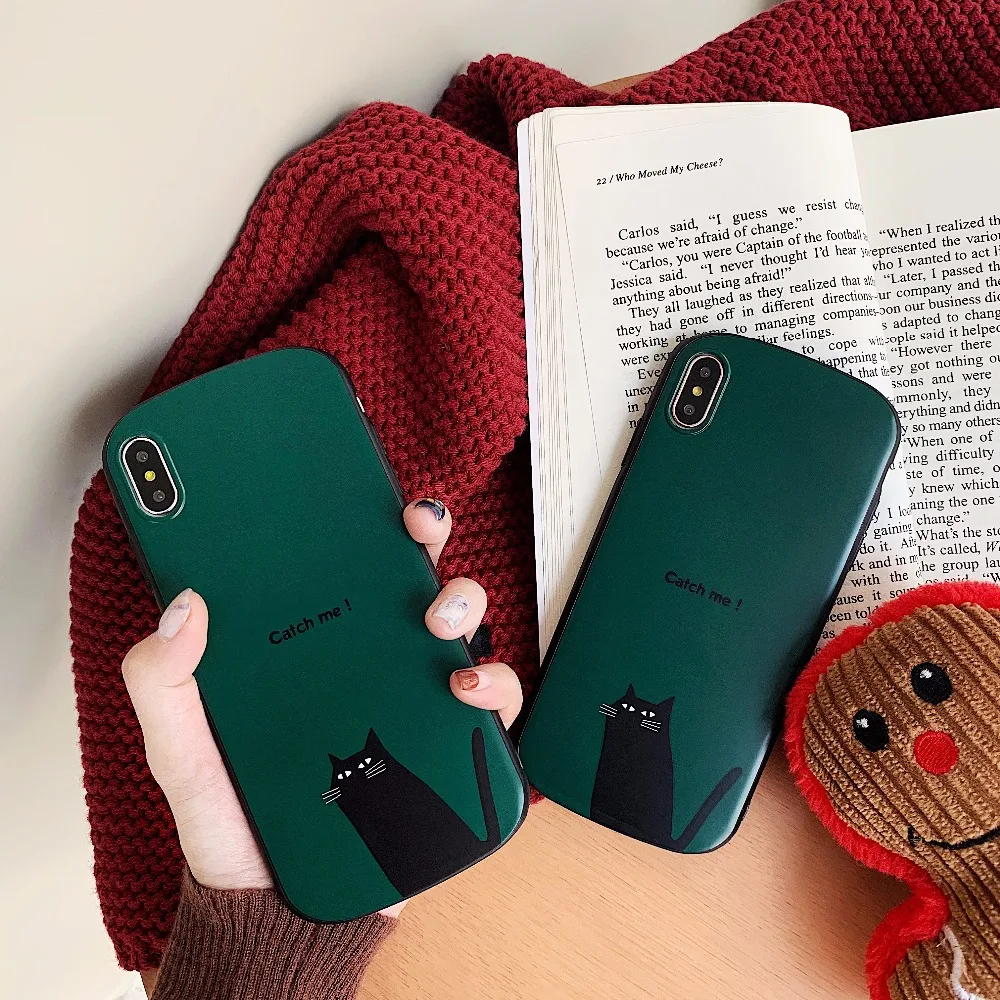 

Shield Anti-knock Cartoon Cute Black Cat Animal Emerald Protection Case Back Cover Shell For iPhone 6 6s 7 8 Plus X XS Max XR