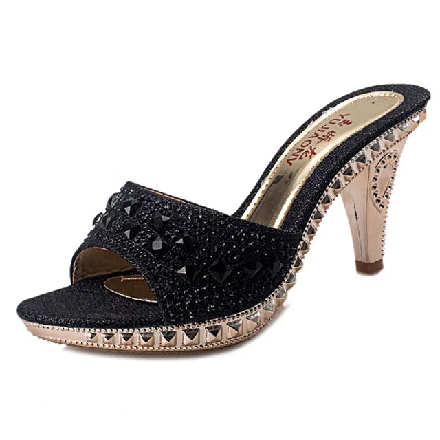 LAKESHI/шлепанцы на шпильках; женские туфли-лодочки; коллекция года; пикантные шлепанцы на высоком каблуке; женская обувь для вечеринок с кристаллами; женская обувь золотистого цвета с открытым носком - Цвет: Черный