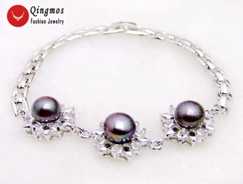 

Qingmos Black Natural Pearl Bracelets for Women with 9-10mm Black Flat Round Pearl & Metal Chain 8'' Bracelet -bra341 Free Ship