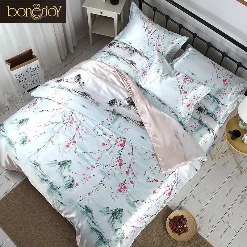 Bonenjoy Chinese Style Bedding Satin Silk Flat sheet Summer used Bed Covers Flower Printed