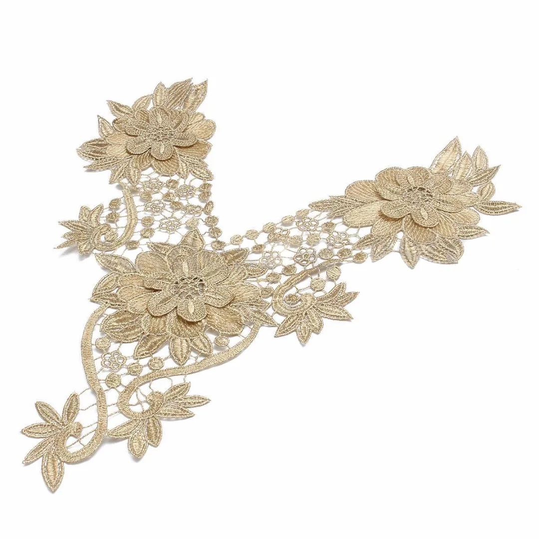 Trim Applique Floral Lace Collar Embroidery Neckline Trendy Design 26*37.5cm Gold Color