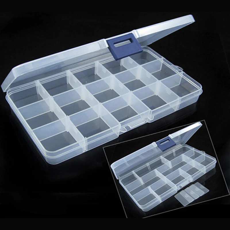 Clear Plastic 15 Slots Adjustable Jewelry Tool Box Case Craft Organizer