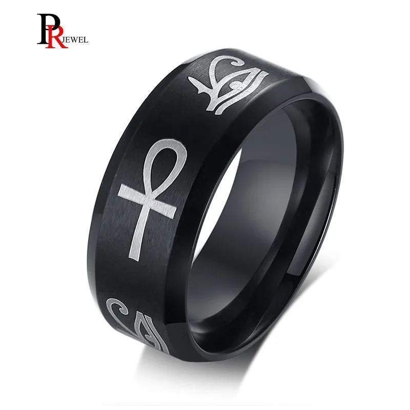 Египетский Глаз Хоруса Ankh крест кольца для мужчин женщин черный 8 мм нержавеющая сталь молитва мужской Анель ювелирные изделия