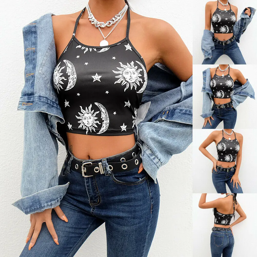 Fashion Women Summer Backless The sun and moon Print Casual Halter Lady Tank Tops Vest Crop Top Sexy Blouse | Женская одежда